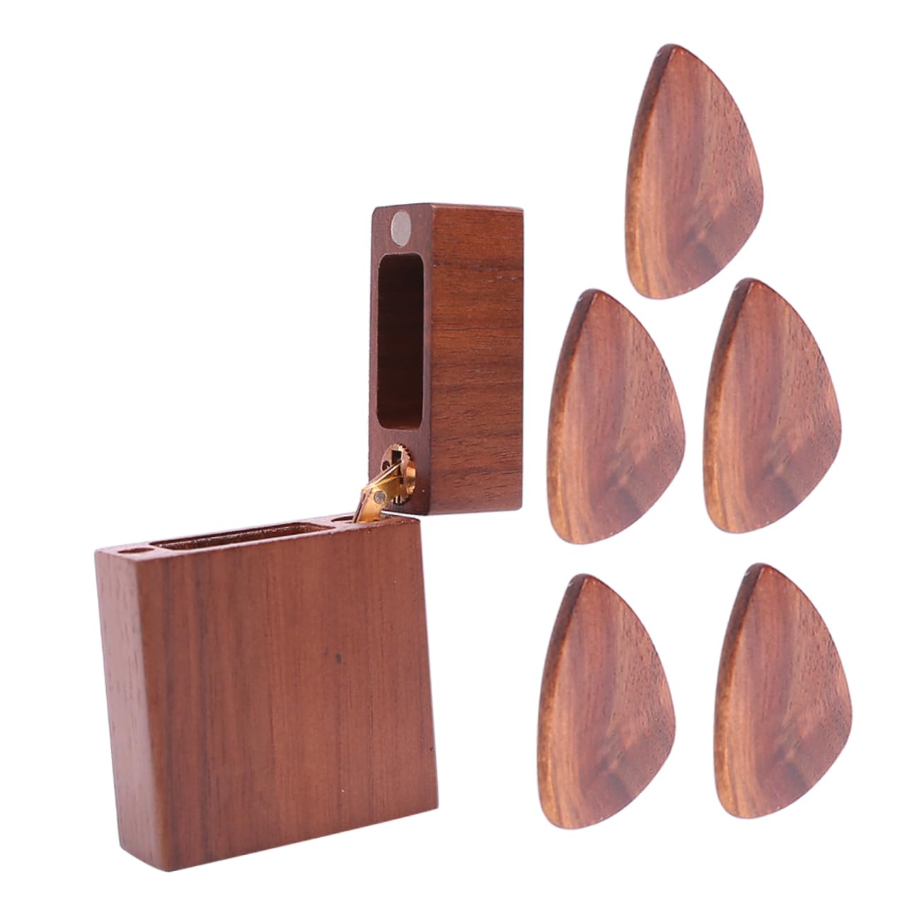 OFFSCH Guitar Pick Holder Storage Box Elegant Walnut Wood Case with Extra Pick Guitar Supplies Organizer for Musicians Stylish Display