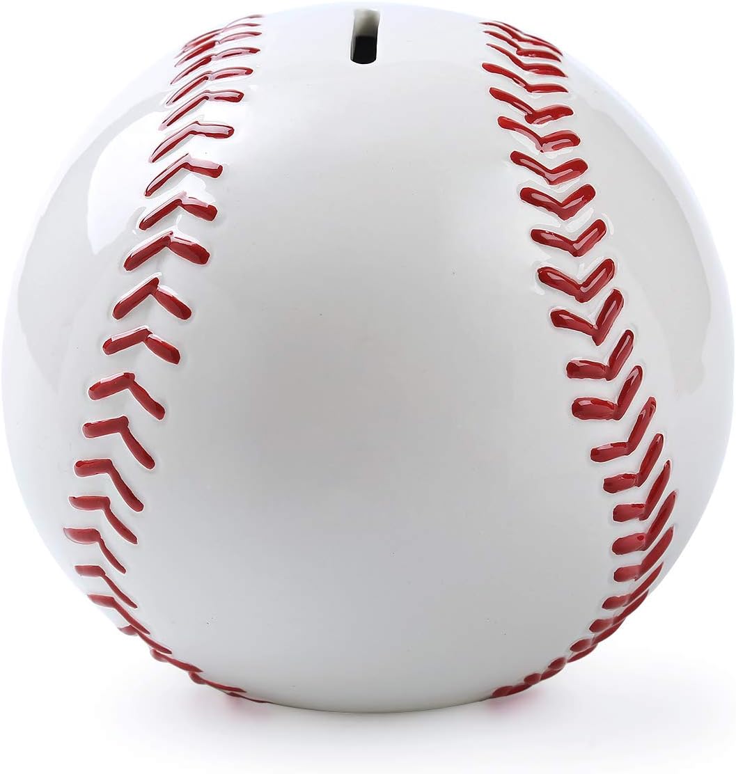 FORLONG Ceramic Large Piggy Bank for Boys?White Baseball Coin Bank, Money Box-L Large White