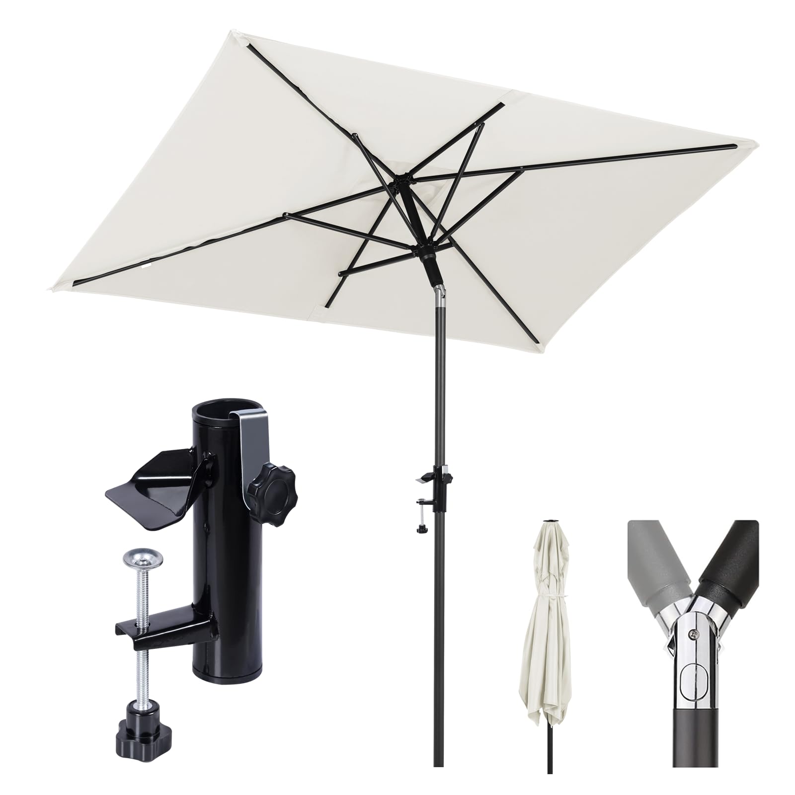Sekey Sombrilla rectangular de 200 × 125 cm, con soporte, soporte para sombrilla para balcón, terraza y jardín, resistente al viento, basculante UPF 50+