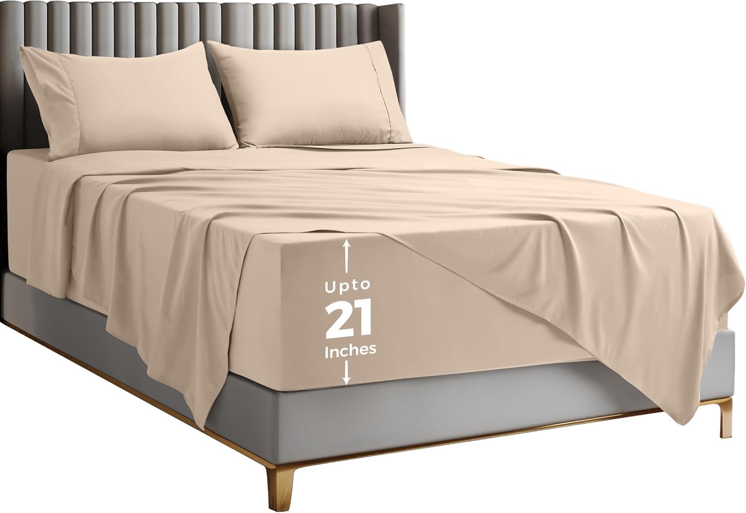 Bedding Deep Pocket King Sheet Set – Fits Mattresses Up to 21 inches – Cooling, Soft & Breathable – Oeko-TEX 4 Piece Bed Sheets (Beige)