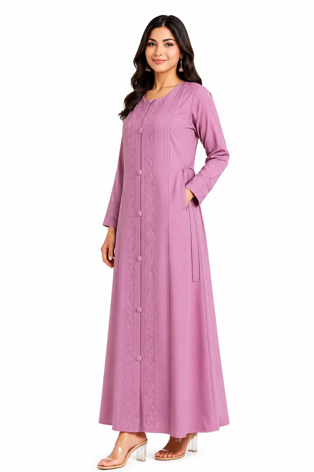 Abaya Burkha Maxi Dress in Mauve with Floral Embroidery-image-11