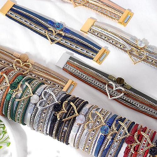 Boho Bracelets for Women Cowboy Chic Leather Bracelet Western Jewerly Chunky Leather Warp Bracelet Stack Layered Heart Bangle Cowgirl Country Concert Outfits for Women3