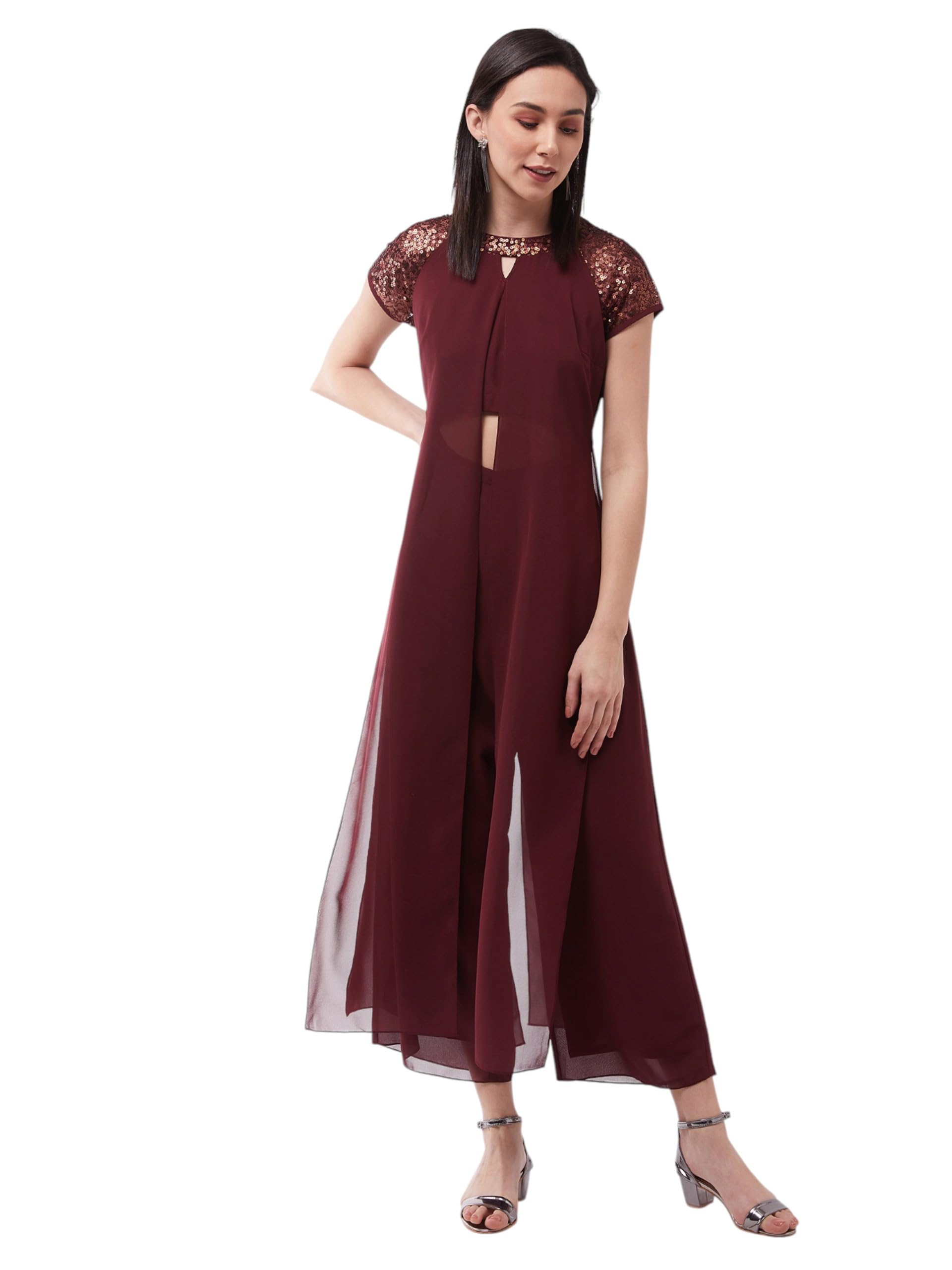 miss chase Women's Round Neck Raglan Short Sleeves Sequin Panel Layered Embellished Jumpsuit (MCSS25D91-84-184-02, Wine, XS)-picture-37