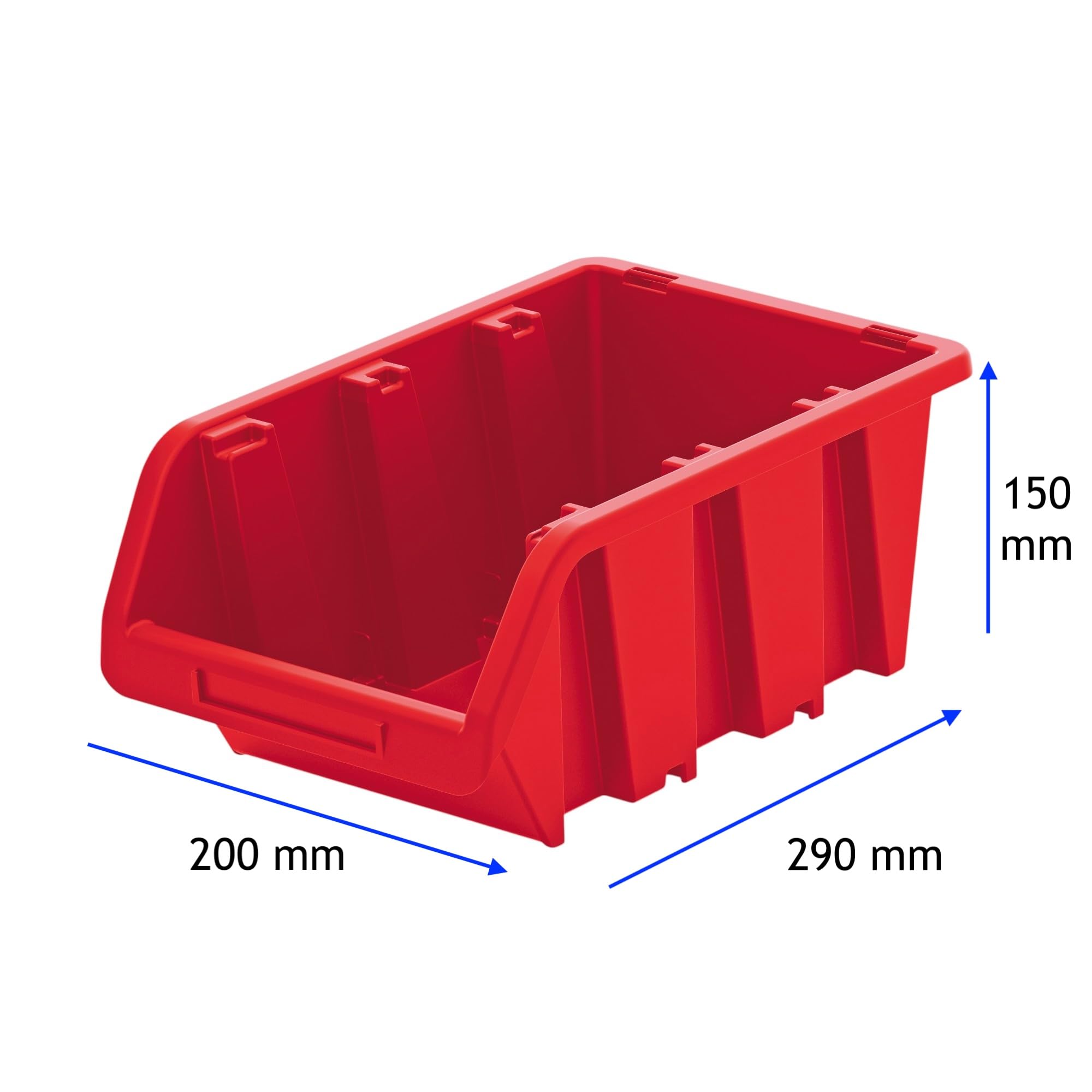 Lot de 50 boîtes de rangement empilables en plastique PP robuste avec compartiment pour étiquettes pour atelier, garage et cave (rouge, 50 pièces, 290 x 200 mm)