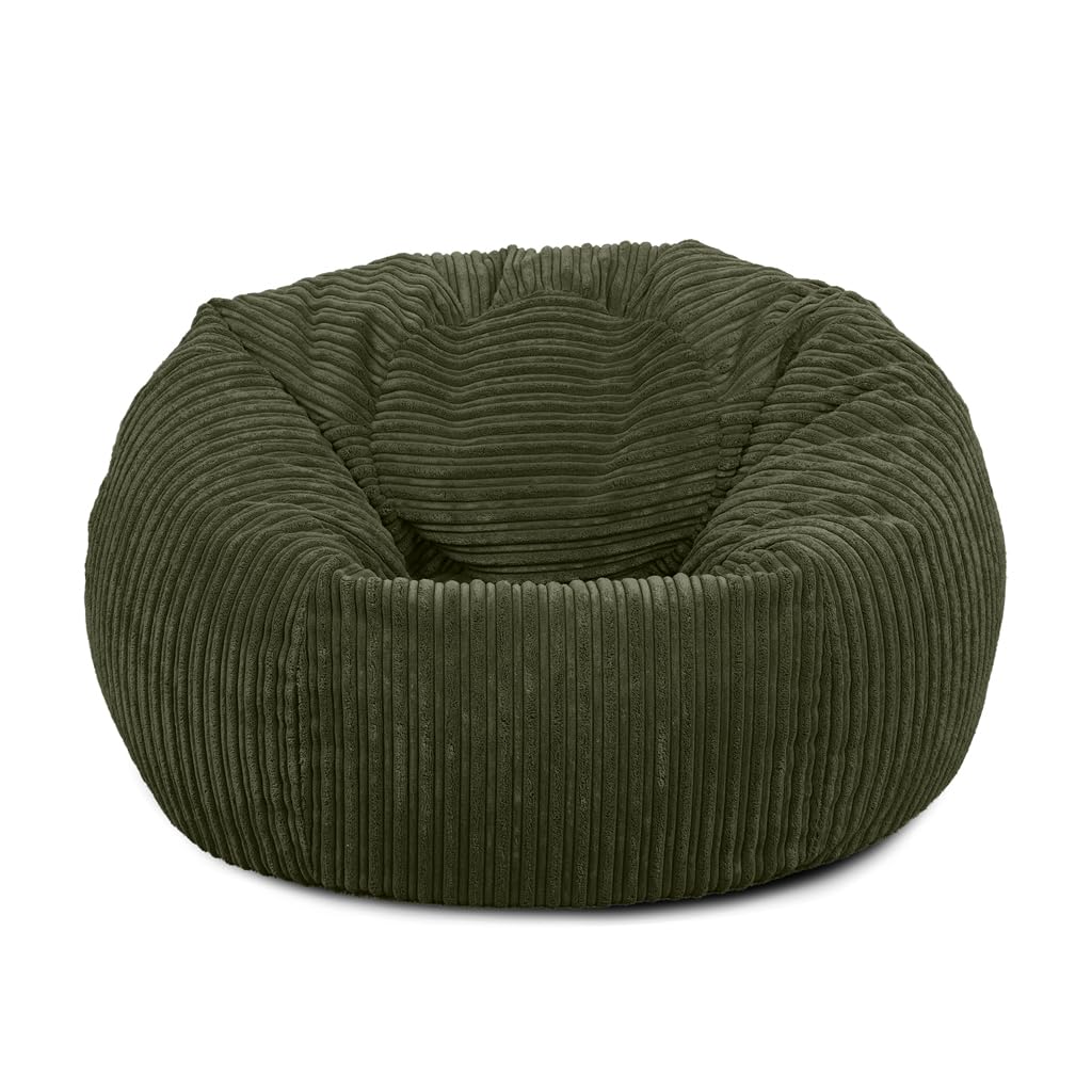 Bags of Beans Adult Corduroy Bean Bag Pre Filled - Comfortable Lounger Chair - Breathable Fabric Recliner Beanbag Seat for Living Room, Gaming and Bedroom Furniture 92(D) x92(W) x57(H) (Khaki)