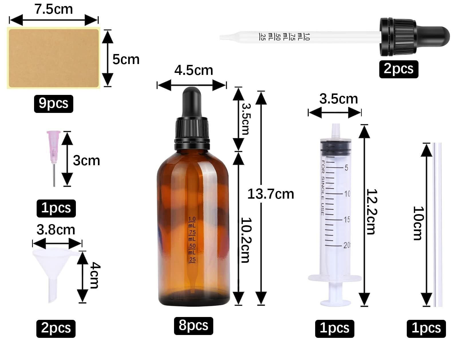 Braune Glas-Tropfflaschen 50ml - 2er-Pack mit Tropfern & Zubehör, Auslaufsicher für Ätherische Öle & Aromatherapie(100ml 8pcs)