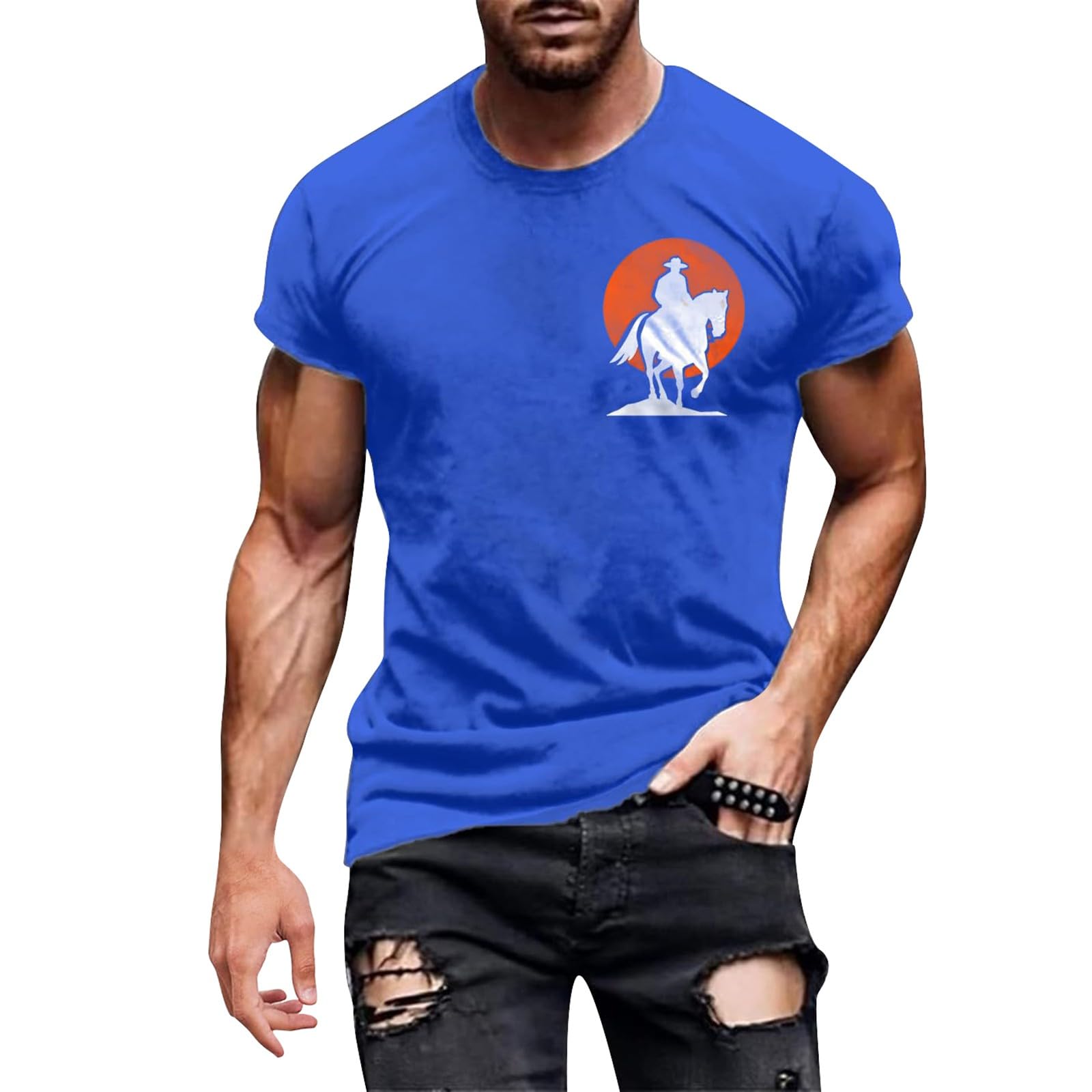 Men's Casual Cow Skull Print Cotton Tee for Summer Outdoor Sports