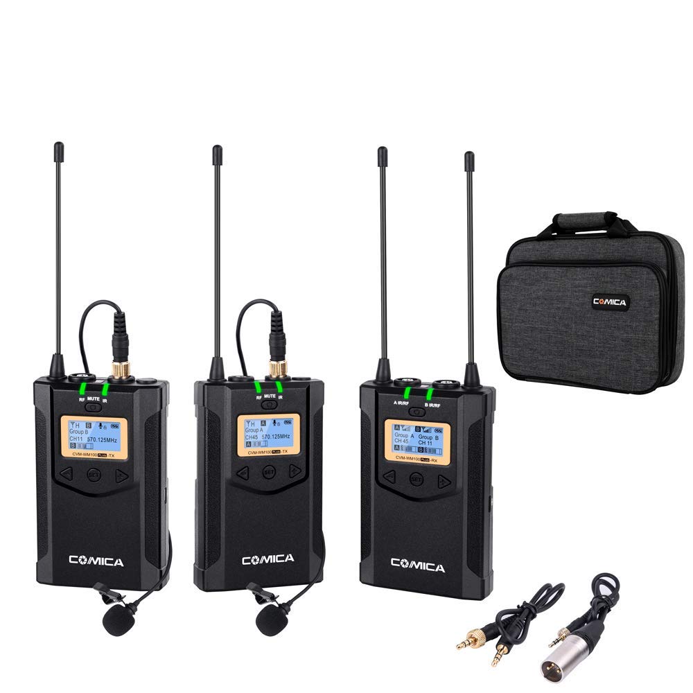 Wireless Lavalier Microphone, with Carrying Bag,Comica CVM-WM100 PLUS UHF 48 Channels Dual Lapel Microphone System for DSLR Cameras, XLR Camcorder, Phone, Lav Mic for Interview Youtube Video Shotting