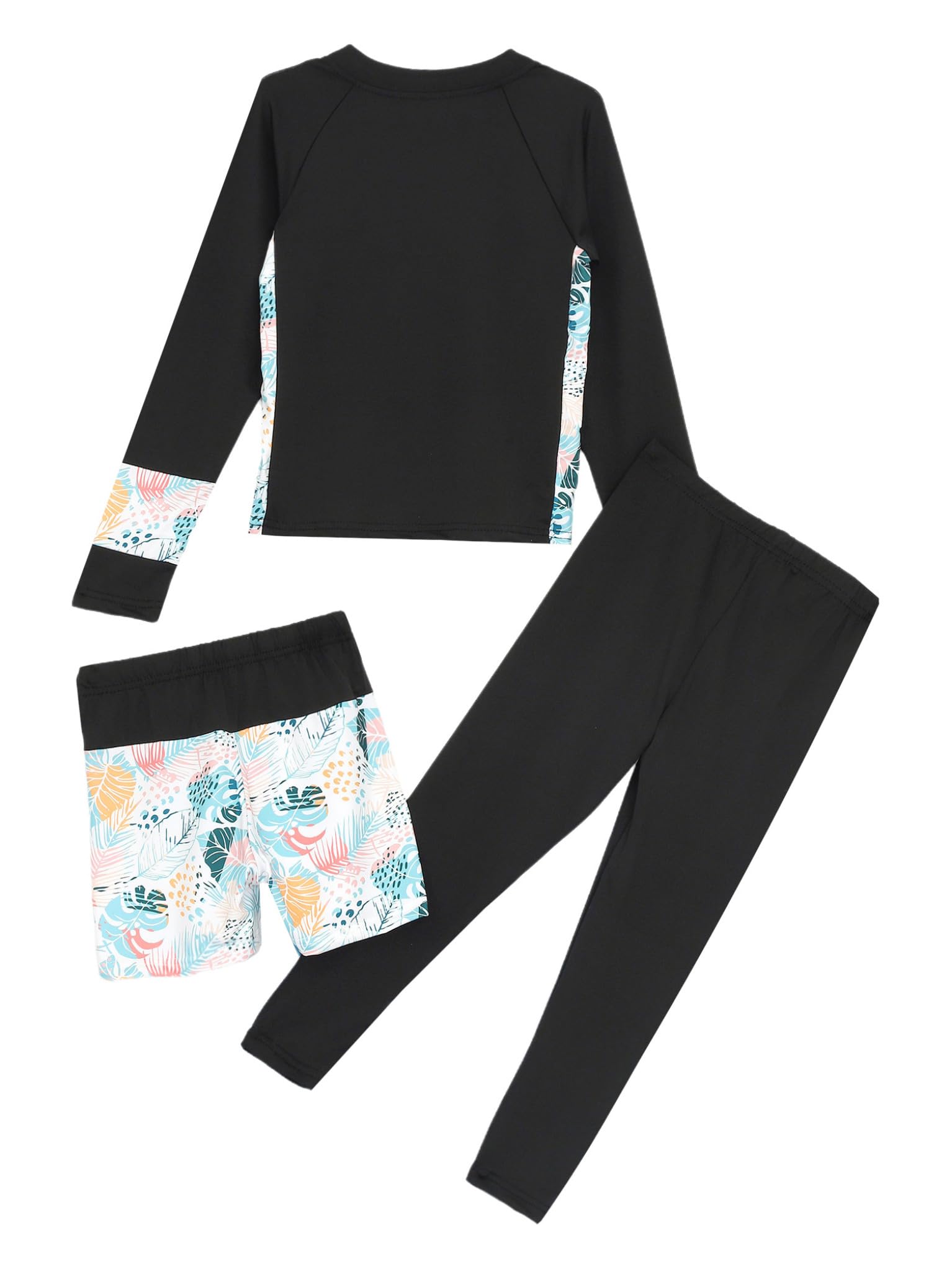 TTAO Kids Girls Long Sleeve Rash Guard Shirt with Shorts and Pants Set Swimsuit for Beach Swimming Black White 7-8 Years