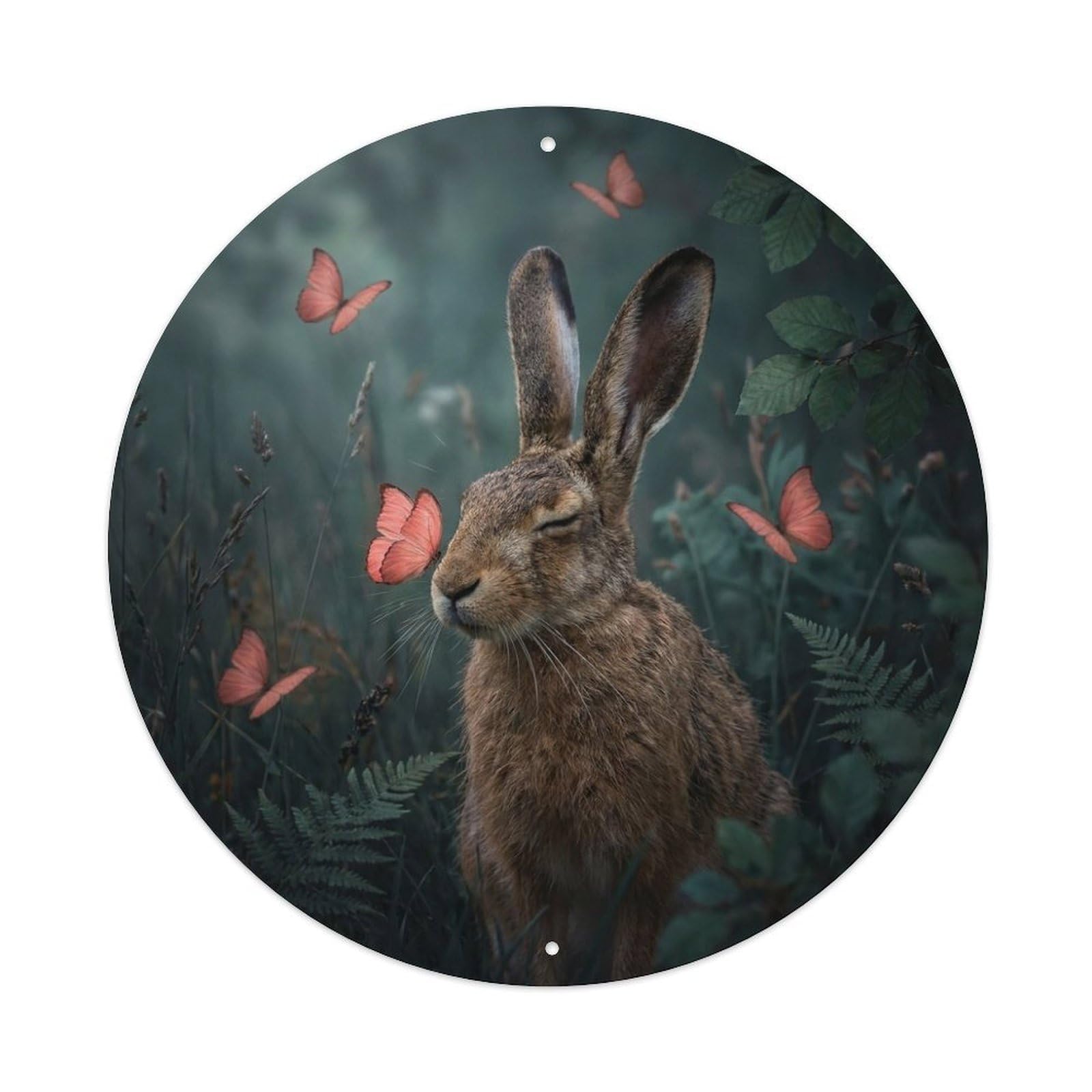 Coral Butterfly Wild Hare Whimsical Wildlife Meadow Kawaii Metal Tin Sign Plaque Wall Decor for Cafe, Man Cave, Club Bar, Office, Home Garden Round Metal Poster 8x8Inch