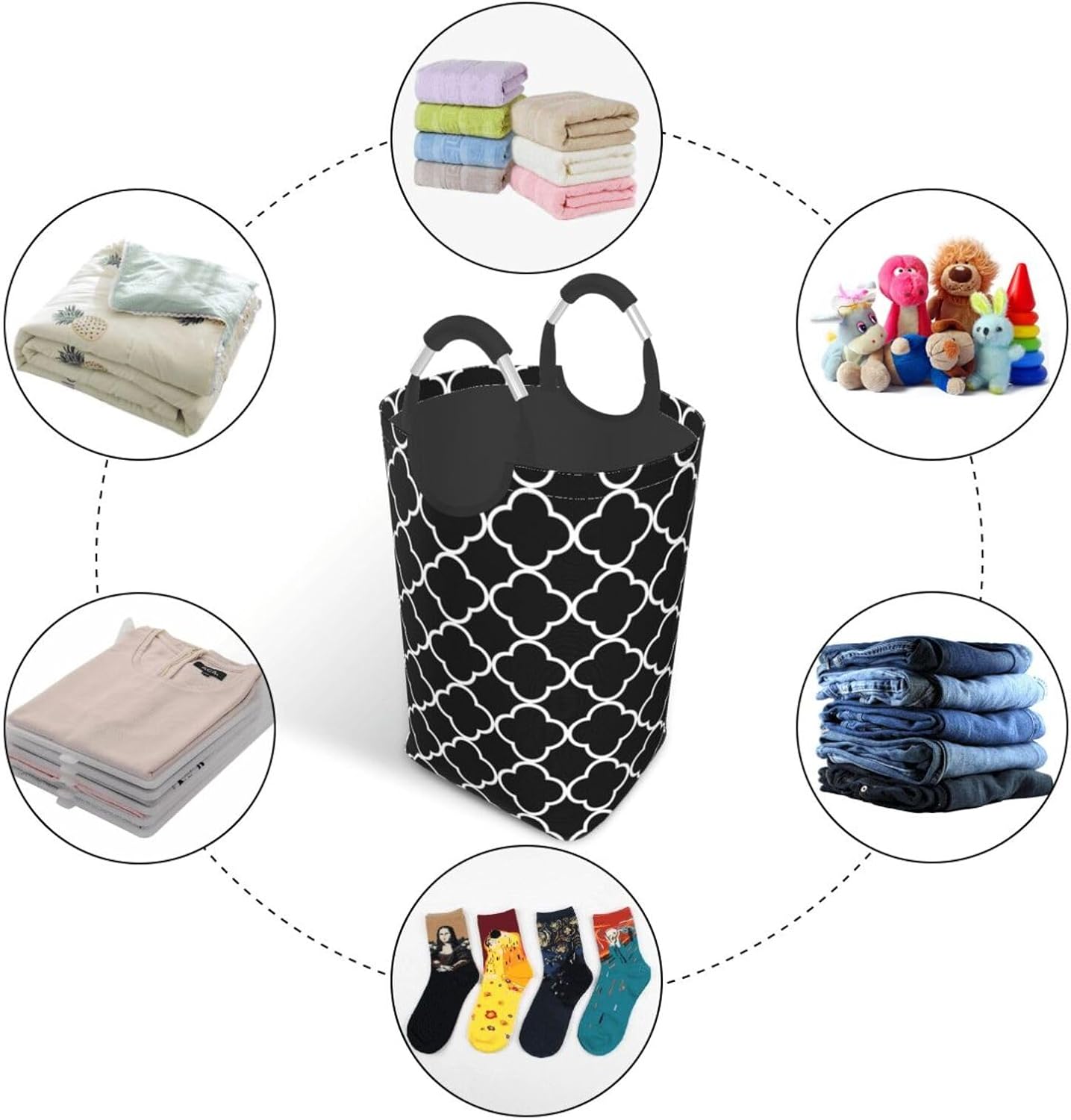 Large Laundry Basket, Quatrefoil Black White Laundry Hamper Bag Collapsible Washing Bin With Handles for College Dorm, Family Essentials Storage