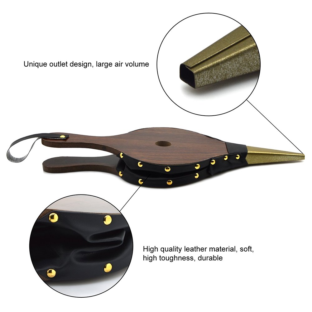 Soffietto in legno per camino, soffietto in pelle, per camini, barbecue e campeggio, con cinturino in pelle appeso, set manuale per barbecue