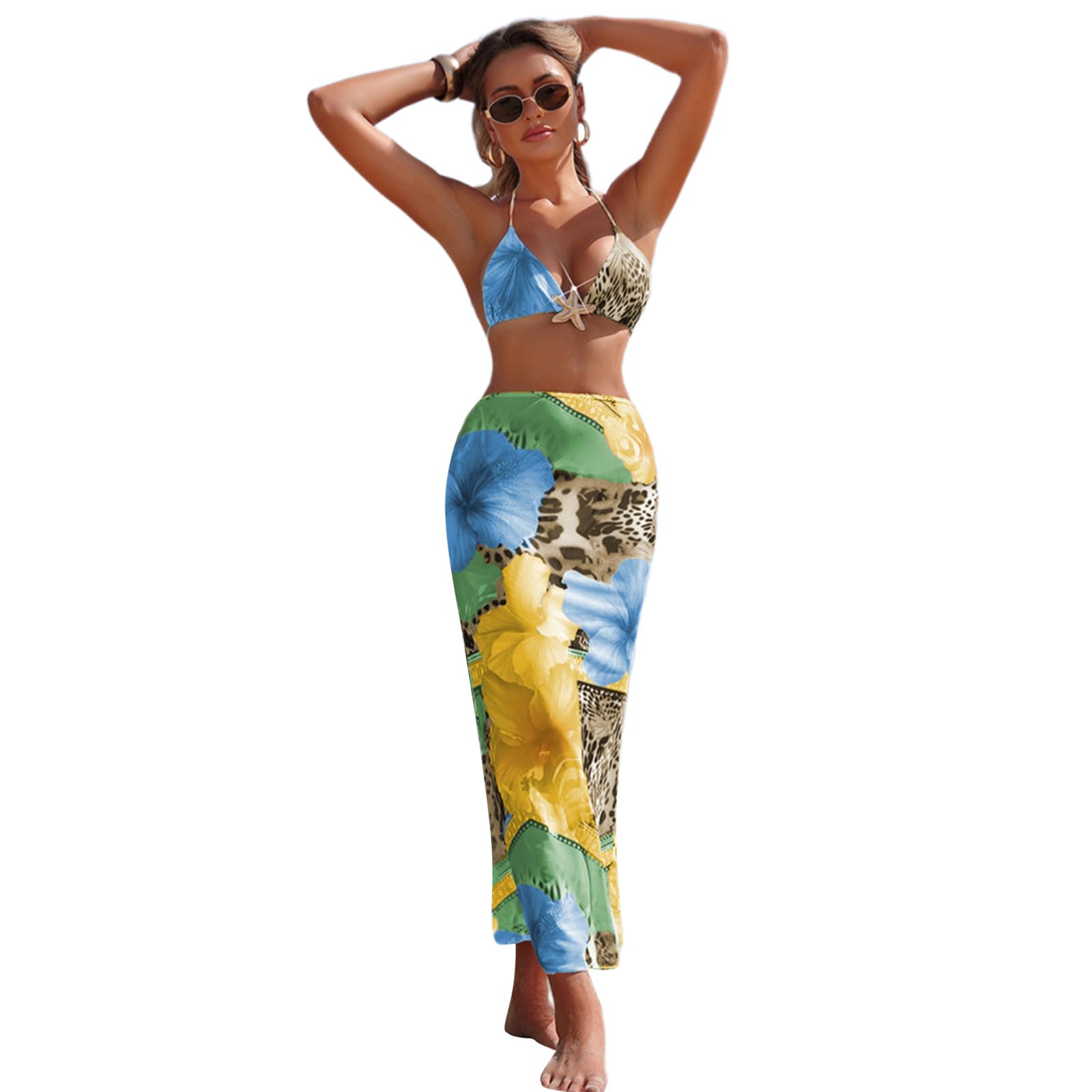 CAZSTYK Backless Swimsuits Ladies Bathing Suit 3 Pcs Split Swimwear Stylish Swimming Costume Set for Beachwear Women Flower Print Bathing Suit