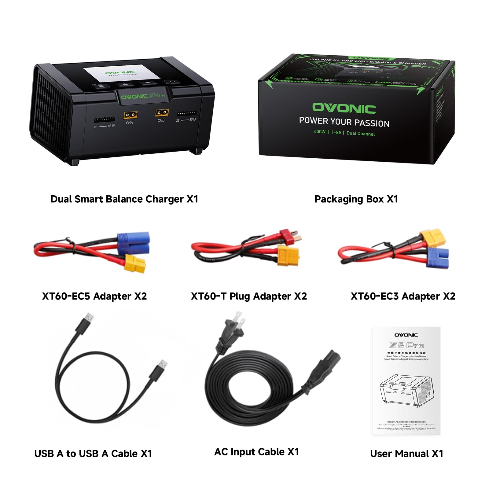 OVONIC Cargador para baterías LiPo, Aplicación Bluetooth, 2 canales AC 400 W/DC 600 W (2 x 2), 20 A por canal, Cargador de equilibrio 1-8S para LiPo, LiHV, Life, Li-ION, NiMH, NiCd y PB X2 Pro