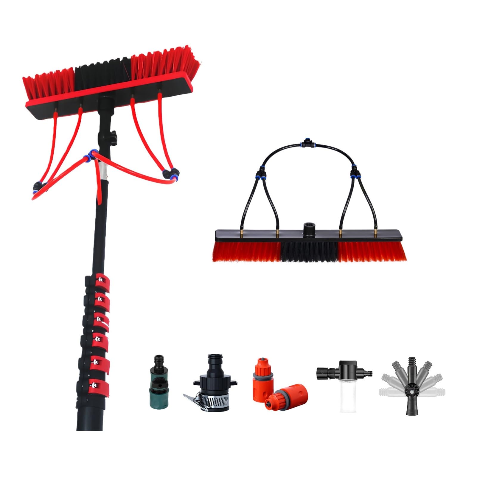 40ft Carbon Fiber Water Fed Pole System with 550mm 4-Outlet Brush Head for Professional Solar Panel Window Cleaning and Exterior Building Maintenance 12.2M High Reach(9M)