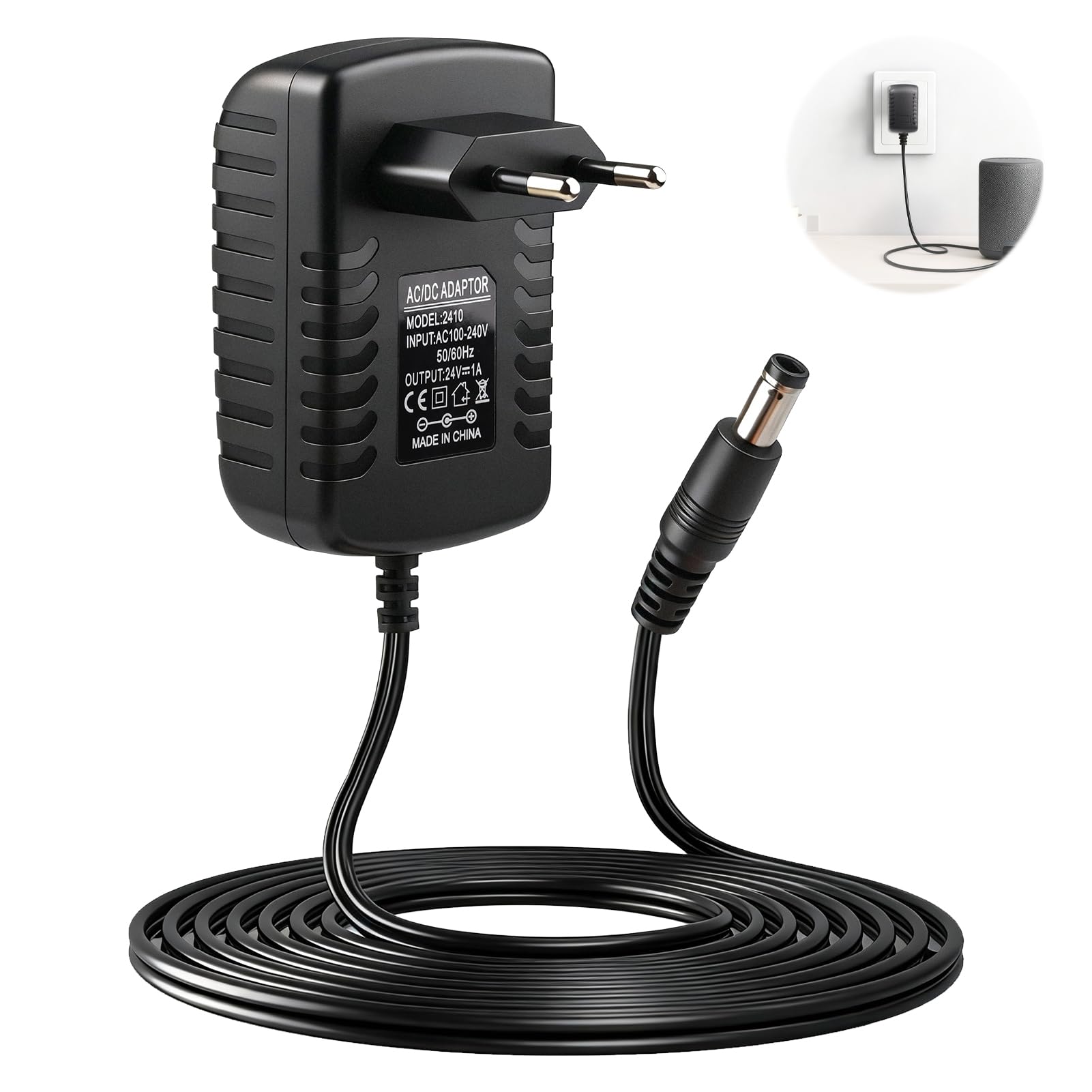 Alimentatore 24V 1A Universale con Connettore DC 5,5x2,5 mm Compatibile 5,5x2,1 mm, Adattatore AC 100–240V a DC 24 Volt per Strisce LED, Telecamere CCTV, Router, Dispositivi Industriali
