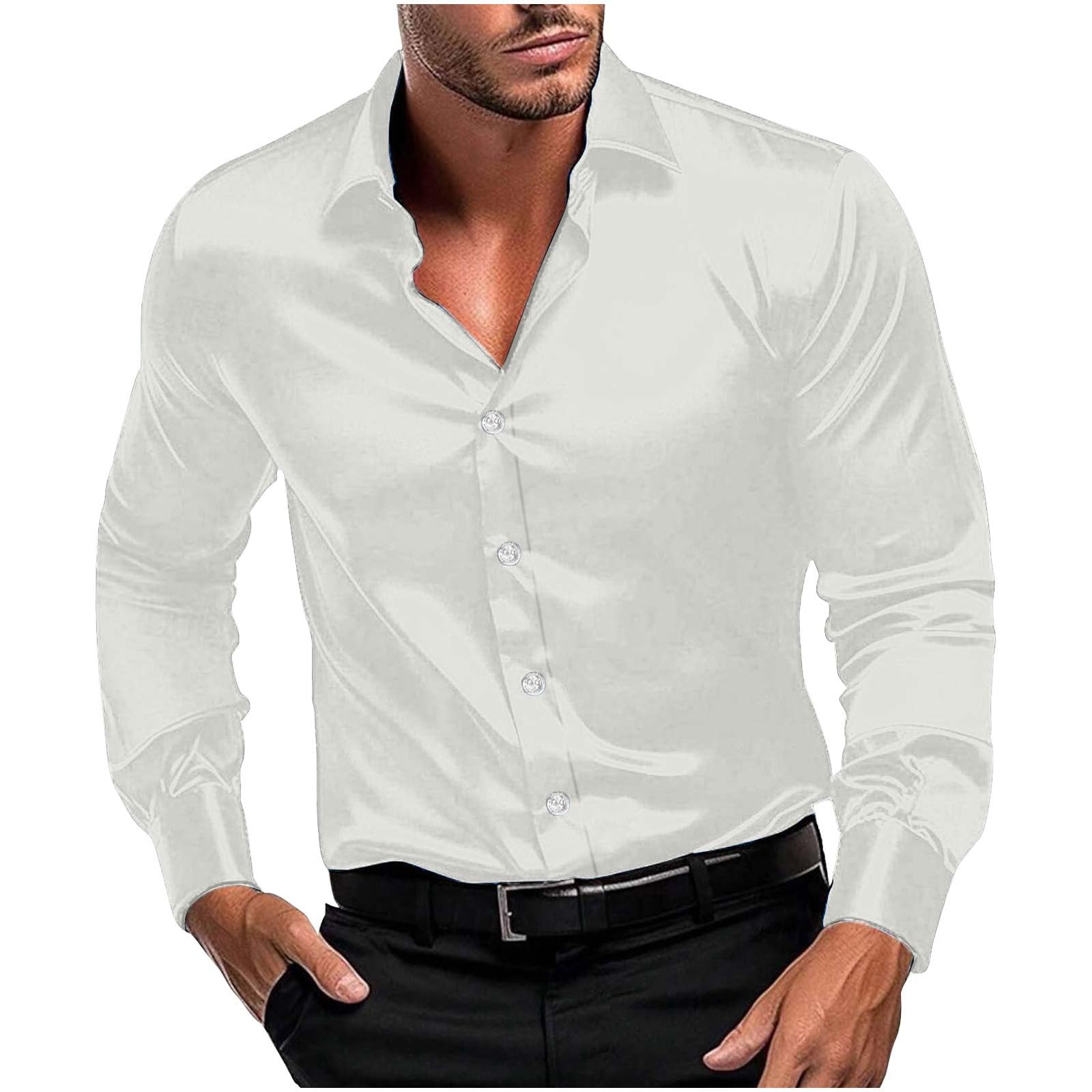 Men Long Sleeve Satin Dress Shirt Shiny Embroidery Silk Like Button Down Casual Luxury Prom Wedding Party Disco Solid