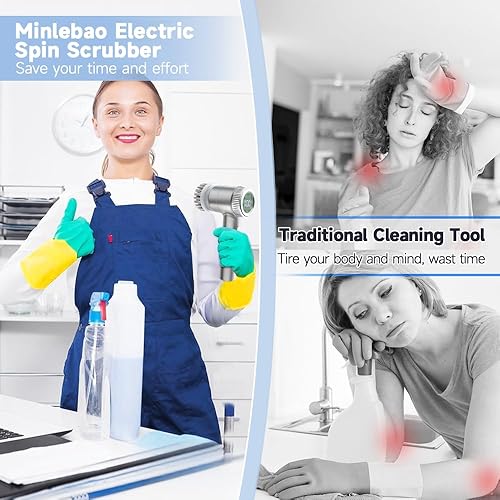 Miniatura 4 de Limpiador eléctrico inalámbrico giratorio, limpiador de mano recargable, cepillo limpiador de ducha inalámbrico de 3 velocidades, 6 cabezales