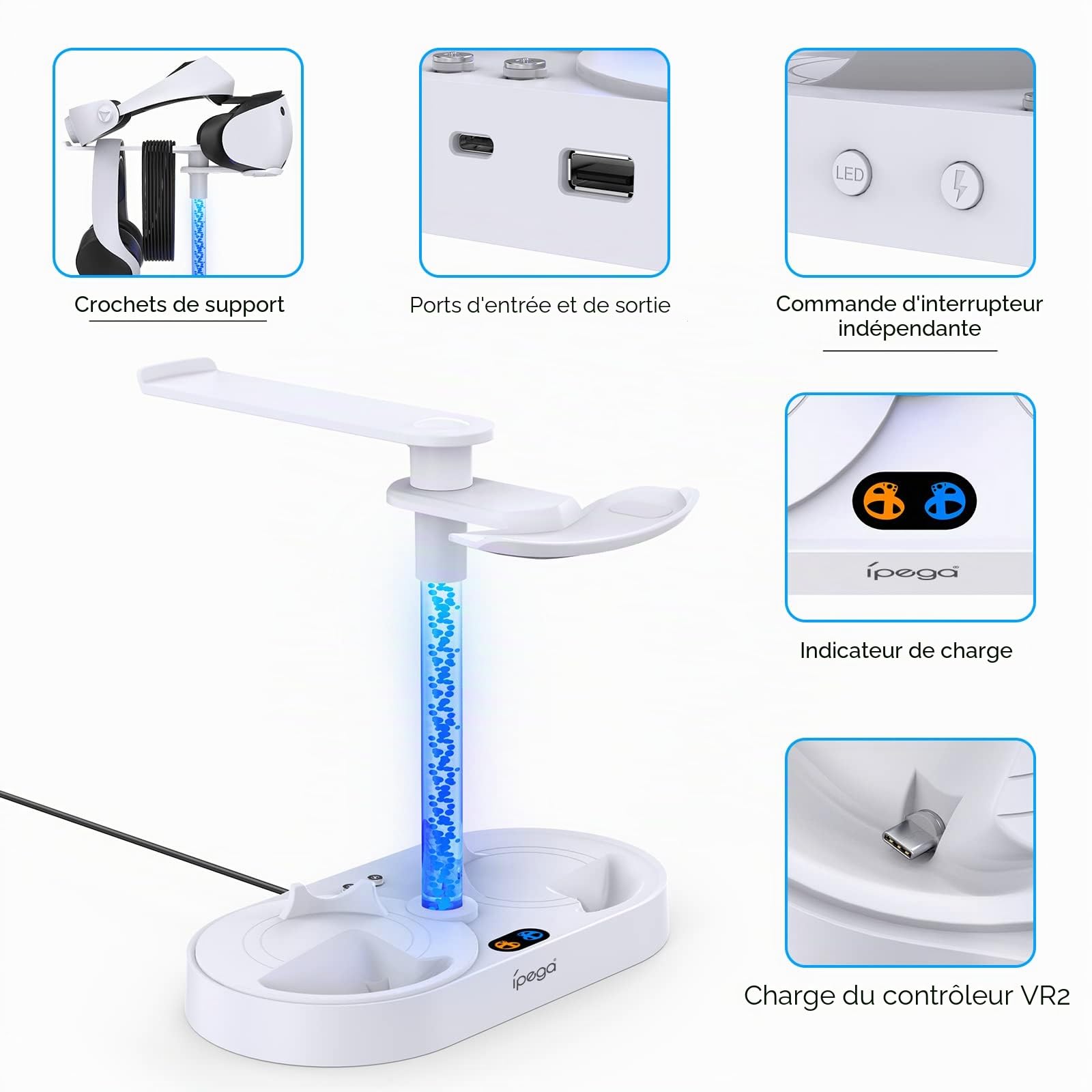 MENEEA Station de Charge pour PSVR2 avec 9 Lumières RGB | Station de Charger pour Manette PlayStation VR2, Support de Casque et 4 Ports de Chargement Magnétiques de Type C