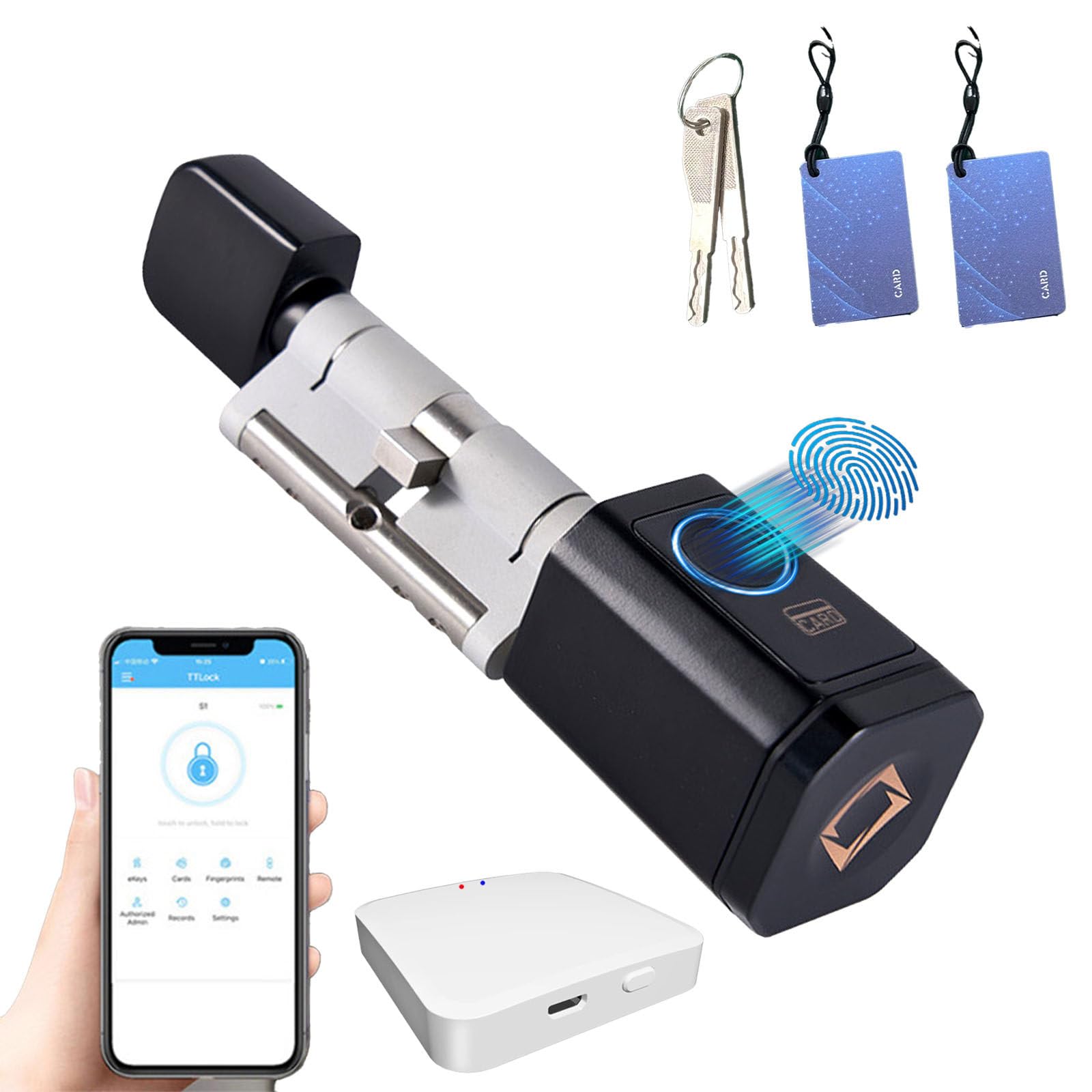 Billg Serrure Connectée, Wi-FI Serrure Biométrique avec Passerelle, Empreinte, App Bluetooth, Carte et Clés, Cylindre Connecté pour Portes de 60-100mm, Serrure Empreinte Digitale Alliage d’Aluminium