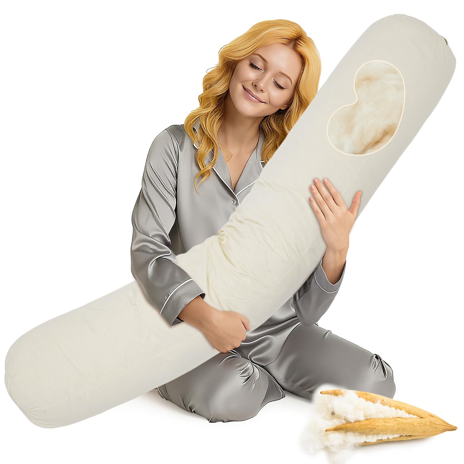 Leinuosen Organic Kapok Body Roll Pillow 54" X 9" Tube Roll Bolster Soft and Supportive Pillow for Sleeping Neck Pain Relief, Kapok Filling