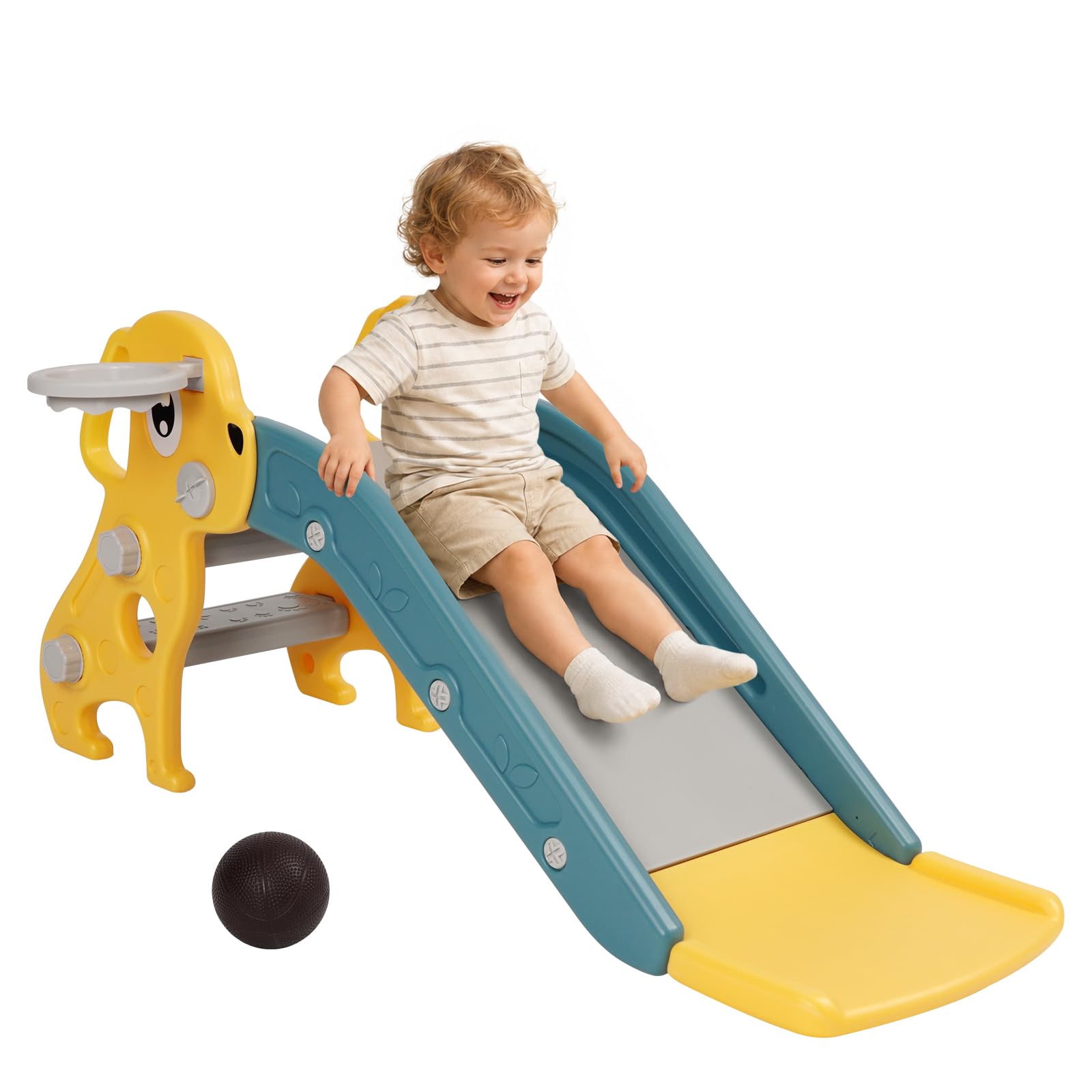 Tobogán Infantil 3 En 1 Tobogán para Niños De 3 Años con Escalera Antideslizante, Canasta De Baloncesto Y Pelota, Bordes Suaves Y Redondeados para Interior Y Jardín, Diseño De Perro, Color Amarillo