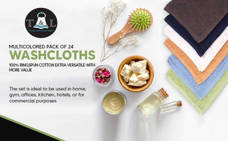 Image of Towel and Linen Mart 100% Cotton - Wash Cloth Set - Flannel Face Cloths, Highly Absorbent and Soft Feel Fingertip Towels (Multi 12, Pack of 12)