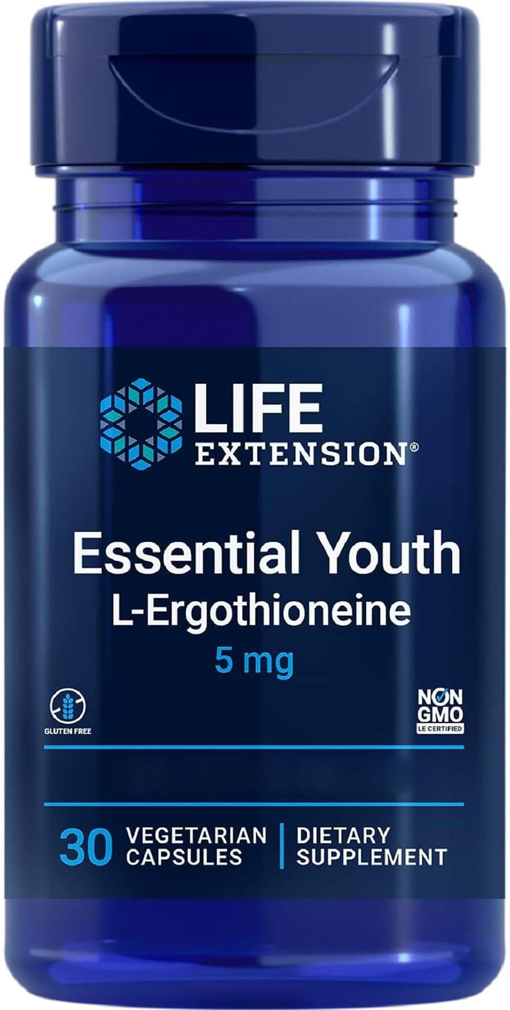 Essential Youth L-Ergothionine, 5mg, 30 Vegan Capsules, Lab-Tested, Gluten-Free, Vegetarian, SOYA-Free, GMO-Free