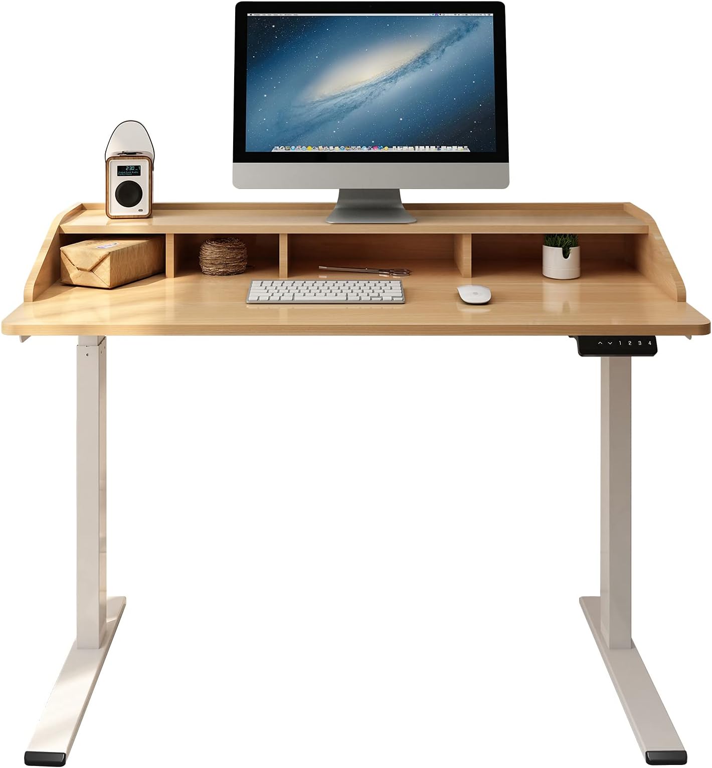 FLEXISPOT UD5 Comhar Electric Standing Desk with Hutch 2-Tier 4 Hutches Desk with Memory Controller 48x24 Inches Sit Stand Desk White Frame Maple Desktop
