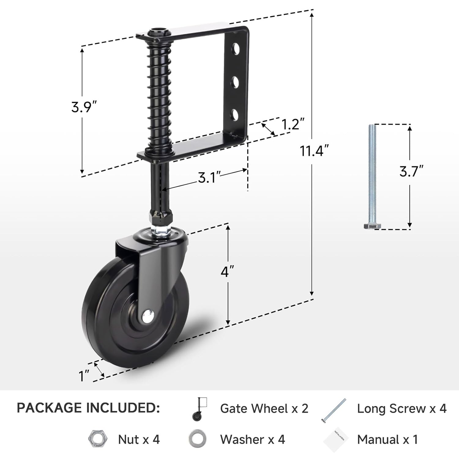 4 Inch Heavy Duty Gate Wheel, Fence Spring Loaded Gate Caster Wheel, Farm Gate Support Wheel, Outdoor Gate Helper for Wooden PVC Fences, Gate Caster Kit with 360° Swivel, 220 Lbs Capacity, 2 Pack