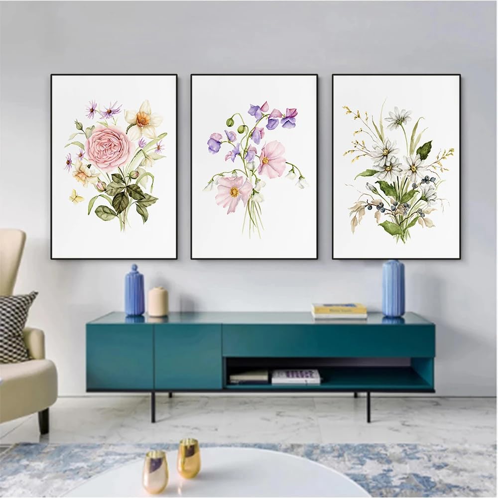 SOBMQ Pictures-Vintage Colorful Watercolor Wildflower Wall Canvas Painting Abstract Poster Print Art Picture For Living Room Bedroom Decoration-40 * 60cm-3PCS (No Frame)