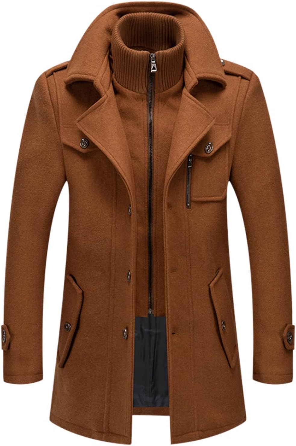 Lu's Chic Men's Winter Business Casual Zip Up Jacket Wool Trench Coat Slim Fit Top Coat Single Breasted Peacoat