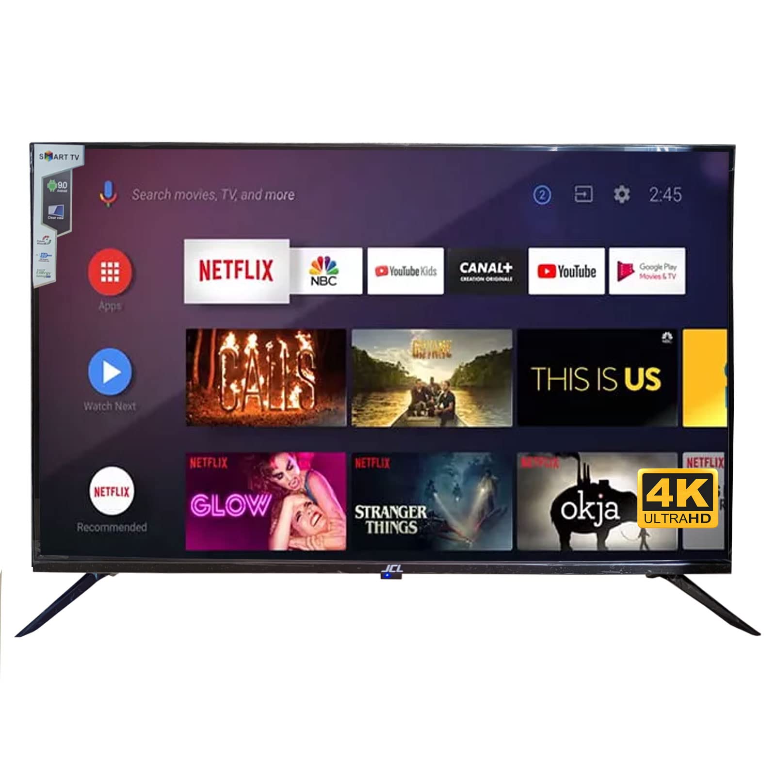 Front view of JCL 43-inch 4K Smart TV displaying the Android TV home screen with apps like Netflix and YouTube.