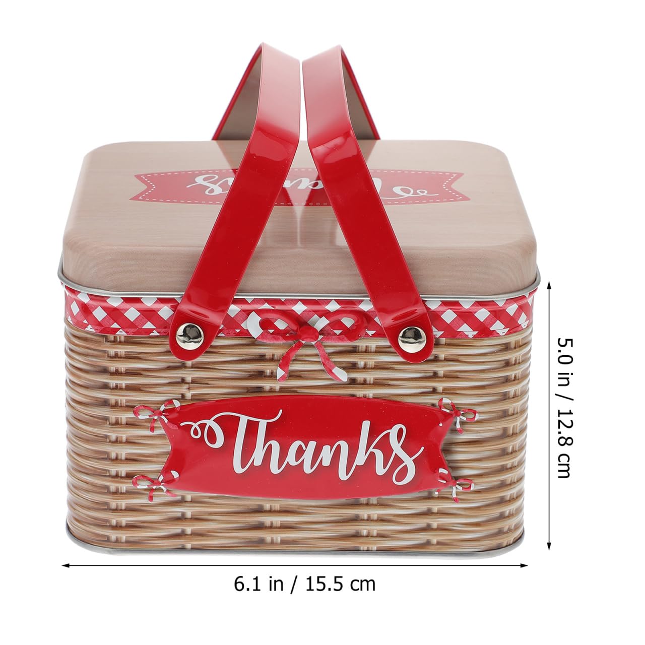 Boîte En Fer Rouge Avec Poignée En Imitation Rotin, Idéale Pour Stockage De Biscuits, Bonbons Et Petits Objets, 15.5 X 12.8 X 10.6 Cm
