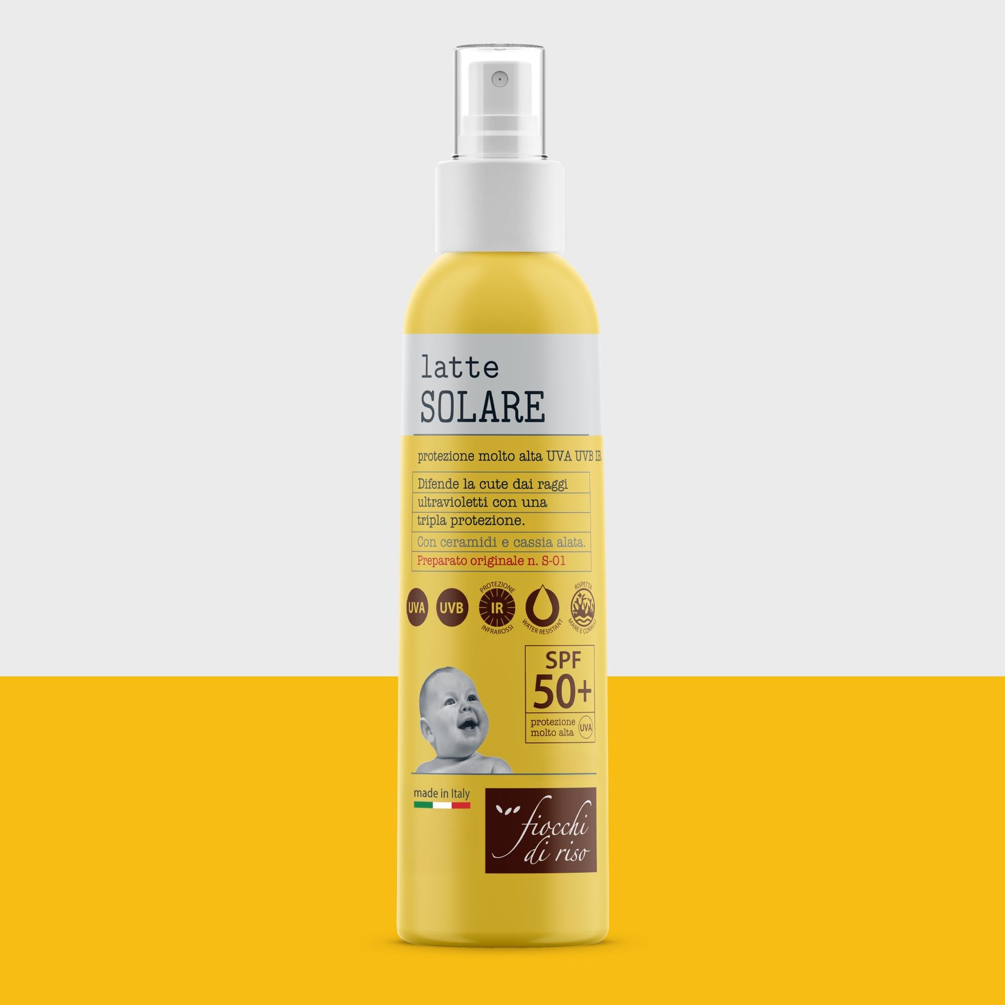 Fiocchi di Riso - Latte SOLARE 50+ - 140ml - PROTEZIONE SOLARE - SPF 50+ - Ideale per difendere la cute dai raggi ultravioletti con una tripla protezione, Con ceramidi e cassia alata. Pack riciclato