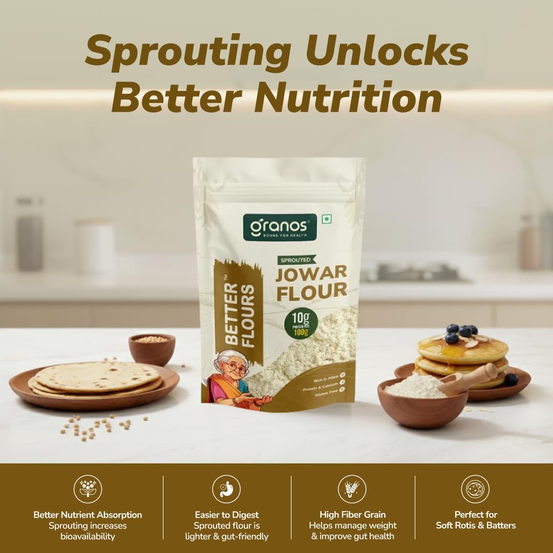 Granos Sprouted Jowar Flour 900g, Sorghum / Jowar Atta Pouch, High in Protein & Fiber, Gluten Free, Ideal for Rotis, Dosa, Baking, Help in Weight Loss, Diabetics, Gut Health, 100% Whole Grain (Pack of 1) - Image 4 thumbnail