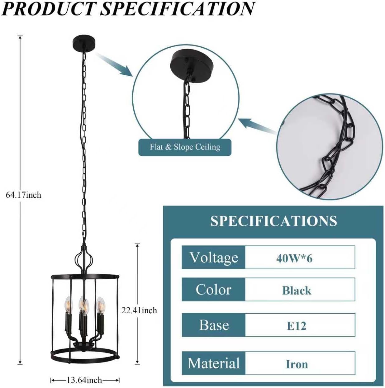 6-Light Black Chandelier Lantern Pendant Light Fixture, Rustic Hallway Chandelier Lighting with Adjustable Cord, Round Metal Cage Hanging Lights for Foyer/Kitchen/Bar/Entryway, E12 Base, Diameter 14"