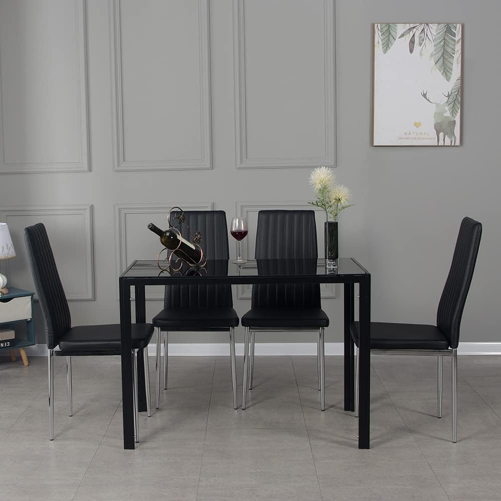 Panana Dining Table and Chairs Set 4, Modern Black Glass Dinning Table