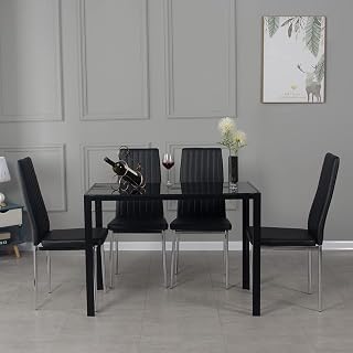 Panana Dining Table and Chairs Set 4, Modern Black Glass Dinning Table With 4 High Back Padded Faux Leather Chairs Set (Black A 105cm table+4 Chairs)