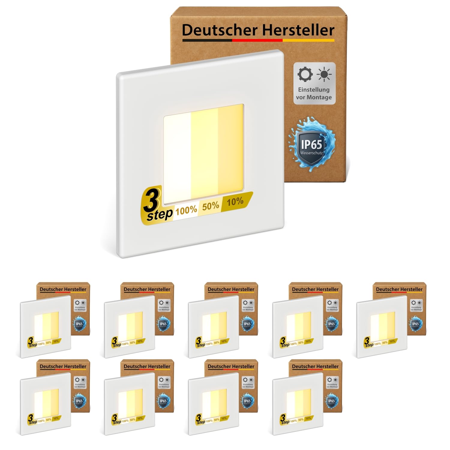 ledscom.de 10x LED Treppenlicht/Wandeinbauleuchte FEMA für innen und außen, eckig, 80 x 80mm, warmweiß