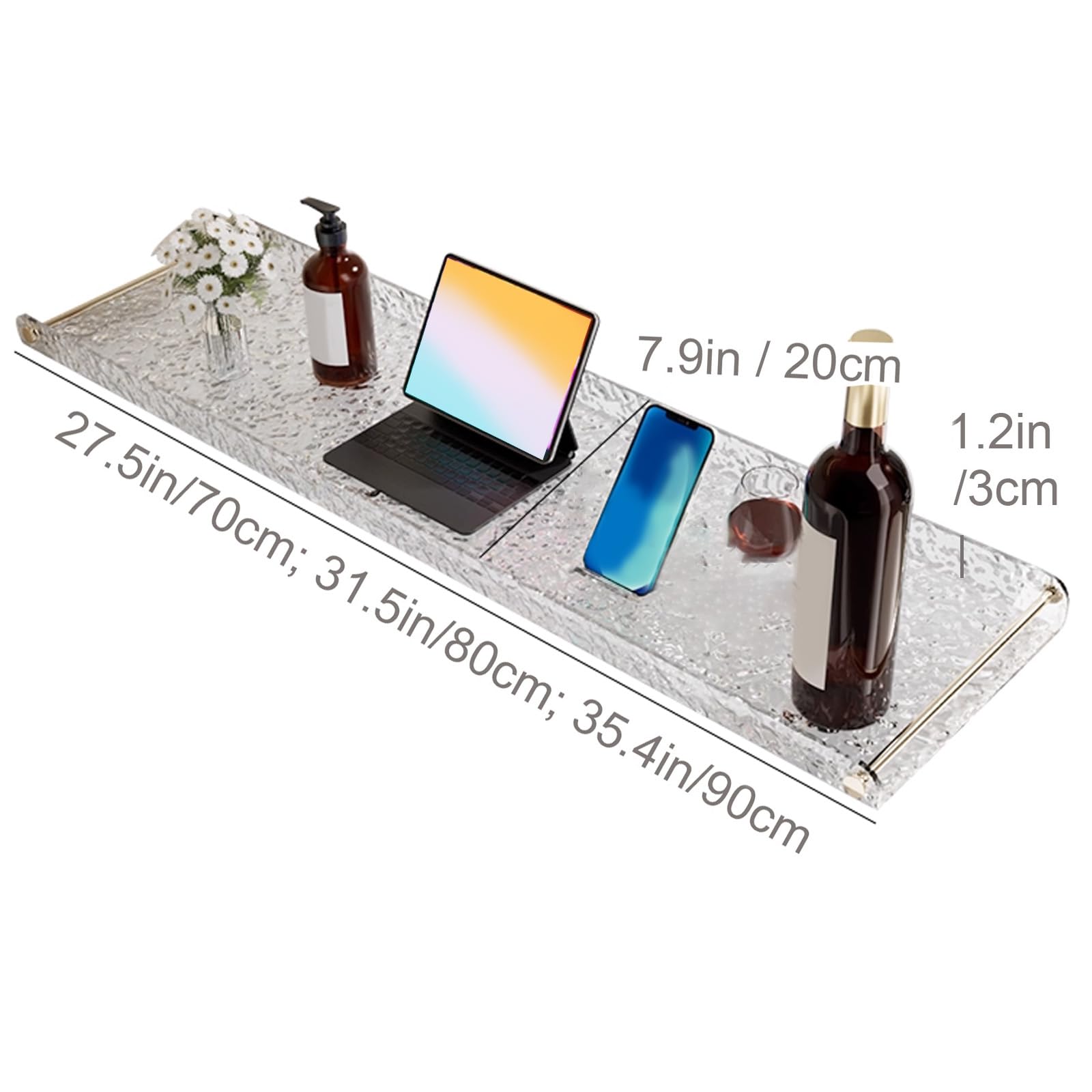 Bandeja de baño transparente con mango dorado, 27.5 pulgadas de largo x 7.9 pulgadas de ancho x 1.2 pulgadas de alto, elegante porción, bandeja decorativa versátil para baño, sala de estar y cocina