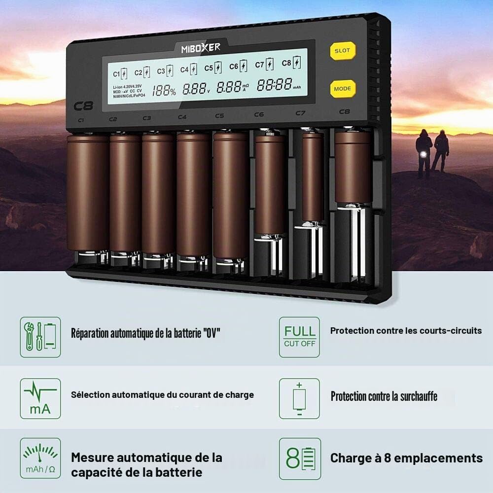 Chargeur de Batterie 18650, Chargeur de Batterie MiBOXER 8 Baies avec Écran LCD Automatique, Charge Rapide Li-ION LiFePO4 Ni-MH Ni-CD AA AAA C 21700 26650 13650 16340 18350 18700 RCR123