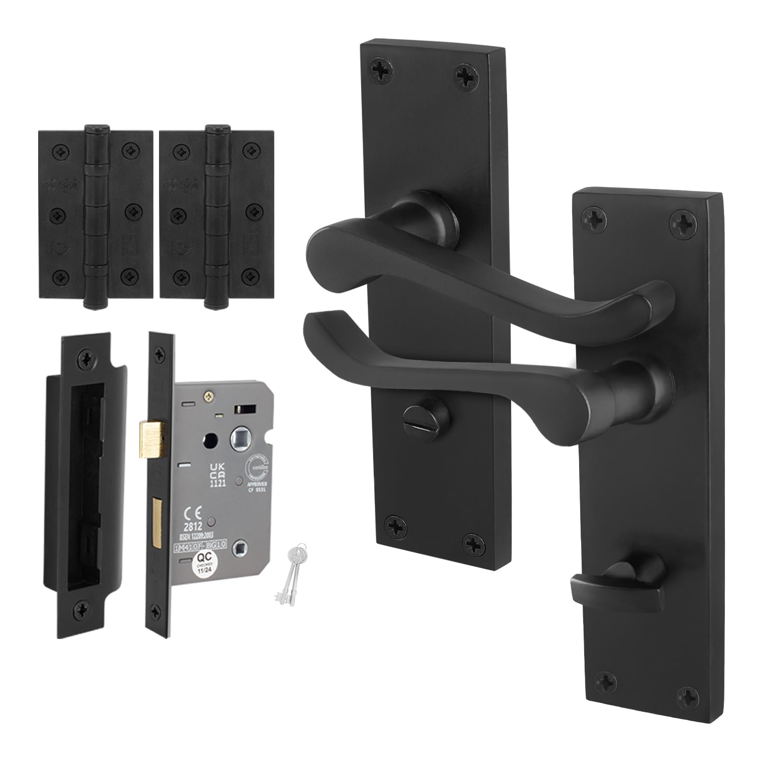 EAI Black Victorian Scroll Bathroom Handle Set, 1 Pair Matt Black Internal Lever Door Handles on Backplate, Lock 80mm and Hinges — image 1