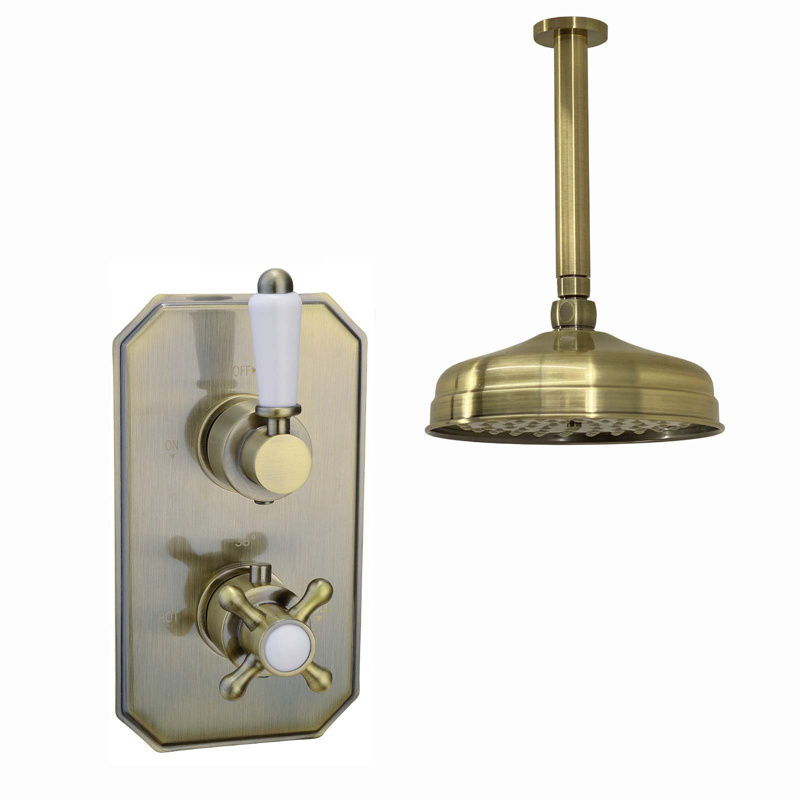 ENKI, Regent, SH0255 Traditional Crosshead and White Lever Concealed Thermostatic Shower Set Ceiling Fixed 8" Shower Head, Antique Brass (1 Outlet)