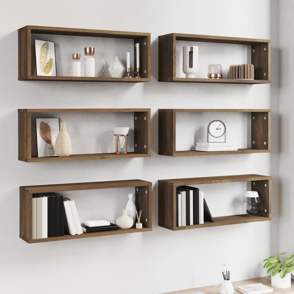 6 mensole cubiche da parete in rovere marrone, eleganti contenitori in legno ingegnerizzato, 60 x 15 x 23 cm, decorazione moderna per la casa e soluzione nizational per soggiorno, camera da letto o