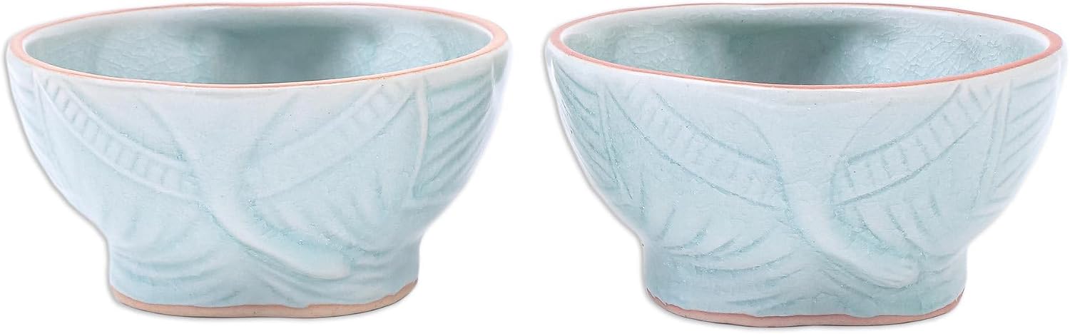 NOVICA Artisan Handmade Celadon Ceramic Bowls Aqua Elephant Motif Pair Green Thailand Tableware Dinnerware Animal Themed [ 2.6in H x 6.25in W x 5.25in D 10 Oz.] ' Elephant Companion in Aqua' Pair