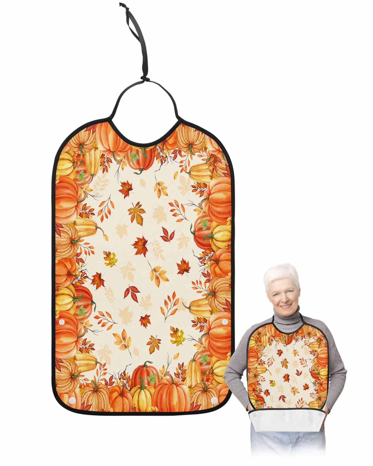 LEOKOTI Orange Yellow Fall Adult Bibs for Eating, Waterproof Bibs with Food Catcher & Snap Closure, Pumpkins Harvest Botanical Thanksgiving Washable Clothing Protectors Adult Bibs for Elderly