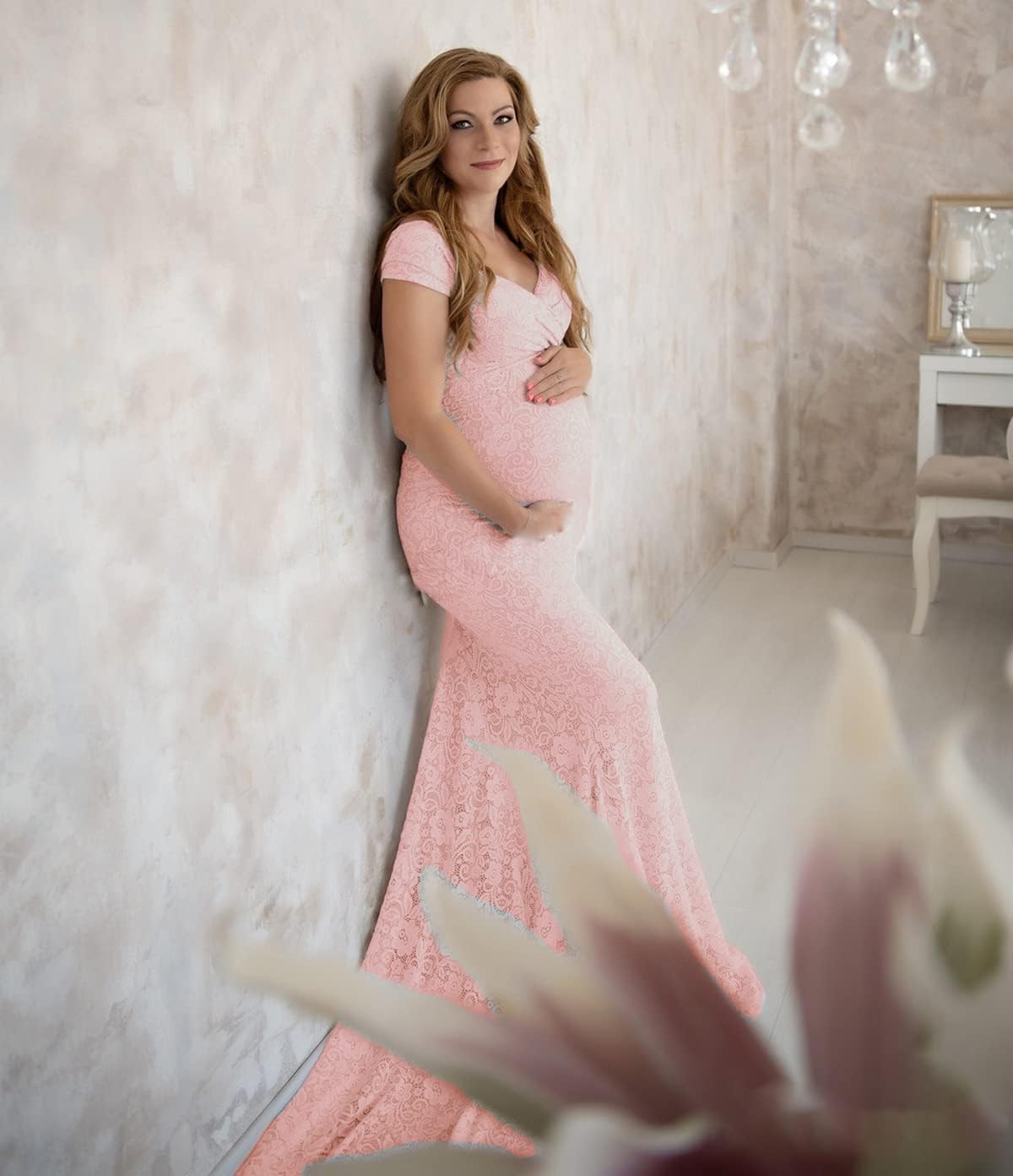 Women's Lace Maternity Photography Dress Slim Mermaid Dresses Maxi Dresses Pregnancy Gown for Baby Shower Photo Shoot