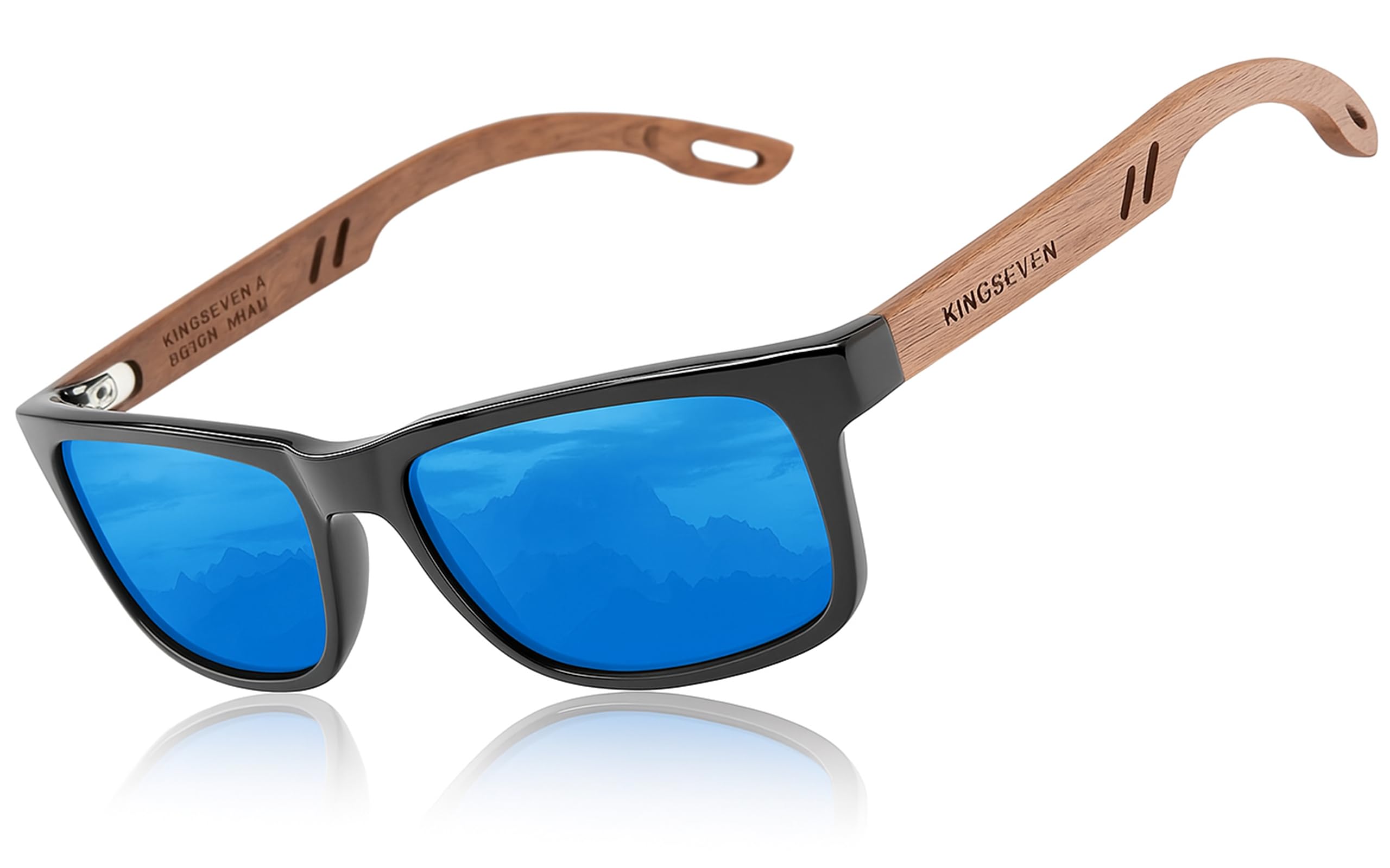 KINGSEVEN Unisex Wooden Sunglasses for Men and Women, Handmade Polarised Glasses with Wooden Brackets, Walnut, UV400 Protection, Fashionable Mirror