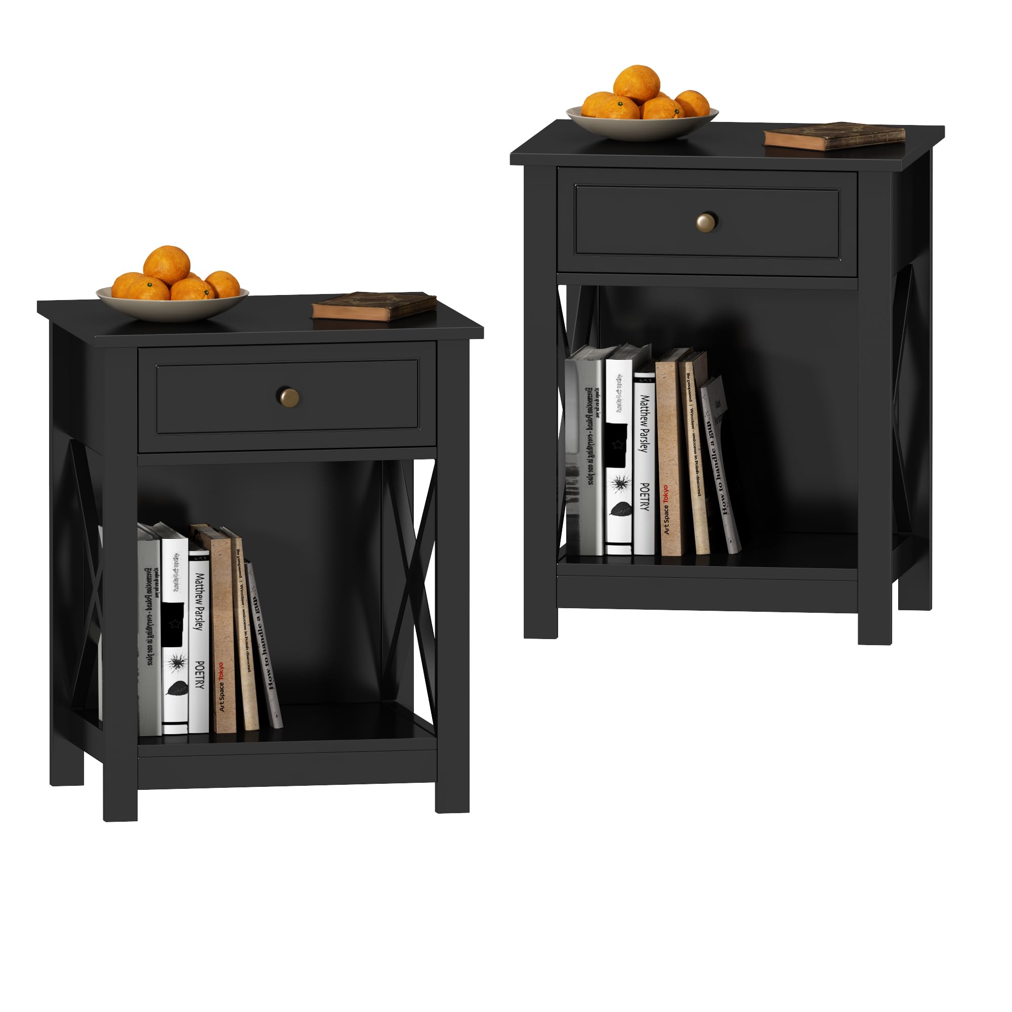 Treocho Black End Table Set of 2, Modern X-Design Night Stand,Bedside End Table with Open Storage for Small Place,Bedroom